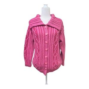 Aran Crafts Irish Merino Wool Pink Cable Knit Cardigan M EUC